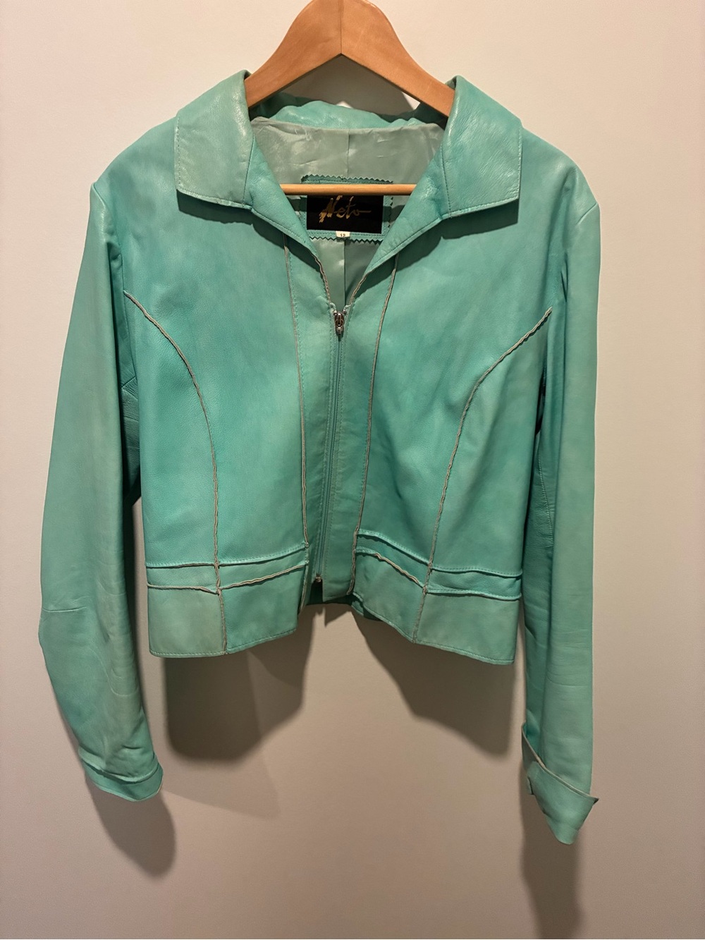 Vintage NETO Blue Turquoise Leather Bomber Jacket Size 12